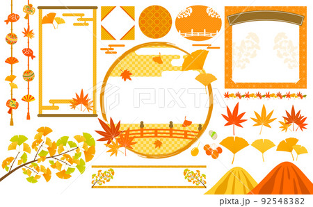 紅葉の秋 いちょうともみじのフレームとイラストセット 黄のイラスト素材 9254