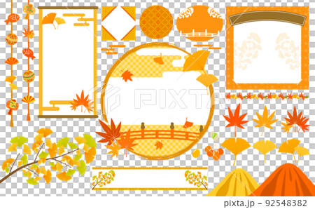 Autumn leaves frame and illustration set of ginkgo and maple_yellow Autumn leaves frame and illustration set of ginkgo and maple_yellow 92548382