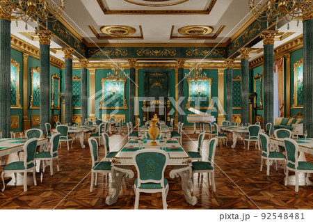 The ballroom and restaurant in classic style. 3D render. The ballroom and restaurant in classic style. 3D render. 92548481