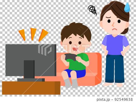 Illustration of a mother with a troubled face for a boy who plays too many video games Illustration of a mother with a troubled face for a boy who plays too many video games 92549638