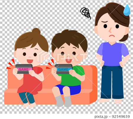 テレビゲームをやりすぎる子供たちに困り顔の母親　イラスト 92549639