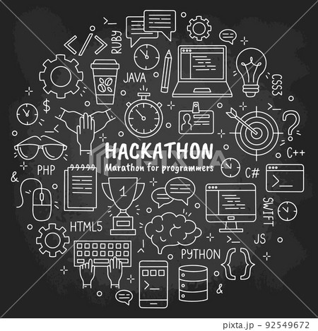 Hackathon and datathon hand drawn chalk icons set on the blackboard 92549672