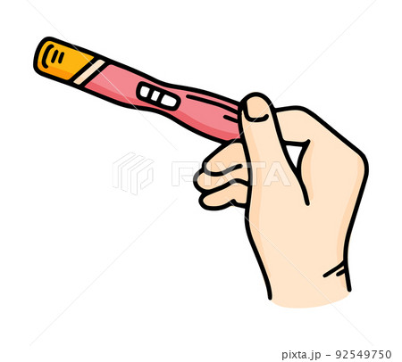 Hand holding a positive pregnancy test with two stripes 92549750