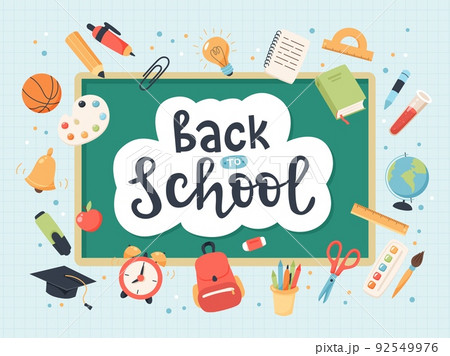 Back to school collection of supplies with handwritten calligraphy with blackboard. Cute colorful vector illustration 92549976