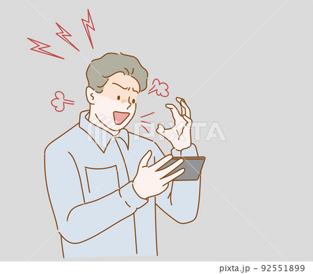 Angry aggressive man nervously screaming looking with hatred at mobile phone screen. Hand drawn in thin line style, vector illustrations. 92551899