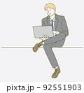 Business man is sitting on chairs and used laptop. Hand drawn in thin line style, vector illustrations. 92551903