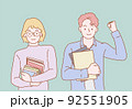 Young student with books in hands ready to take final exams. Hand drawn in thin line style, vector illustrations. 92551905