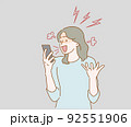 Angry aggressive woman nervously screaming looking with hatred at mobile phone screen. Hand drawn in thin line style, vector illustrations. 92551906