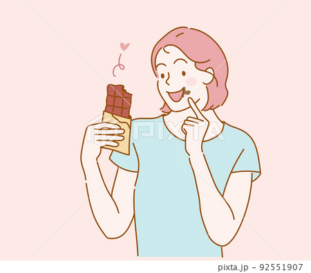 Young woman eating chocolate bar. Hand drawn in thin line style, vector illustrations. 92551907