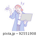 Business woman talking on the phone with frustration and use a laptop computer. Hand drawn in thin line style, vector illustrations. 92551908