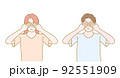 Young boy and girl are covering eyes with two hands. Hand drawn in thin line style, vector illustrations. 92551909