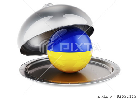 Restaurant cloche with Ukrainian flag. 3D rendering Restaurant cloche with Ukrainian flag. 3D rendering 92552155
