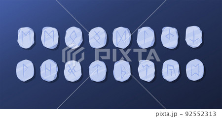 Vector stone runes set. Writing ancient Germans and Scandinavians. Mystical, esoteric, occult, magic symbols. Fortune telling, predicting the future. Isolated. Cartoon illustration Vector stone runes set. Writing ancient Germans and Scandinavians. Mystical, esoteric, occult, magic symbols. Fortune telling, predicting the future. Isolated. Cartoon illustration 92552313