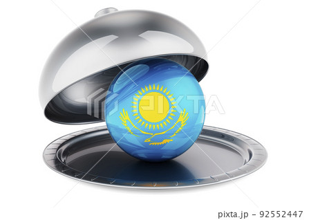 Restaurant cloche with Kazakh flag. 3D rendering 92552447