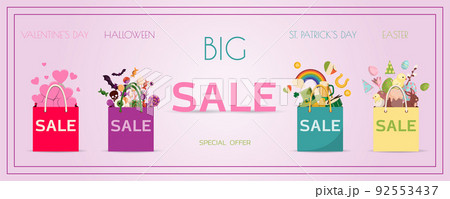 Advertising poster for sales, packages with goods forfor holidays valentine s day, St. Patrick s day, Halloween, Easter. Banner for discounts and sales. A poster with an inscription and a special Advertising poster for sales, packages with goods forfor holidays valentine s day, St. Patrick s day, Halloween, Easter. Banner for discounts and sales. A poster with an inscription and a special 92553437