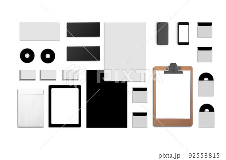 Blank Corporate ID. Set isolated on white. Consist of business cards, folder, tablet PC, envelopes, a4 letterheads, notebooks, flash, pencil, cd disk and smart phones. 92553815