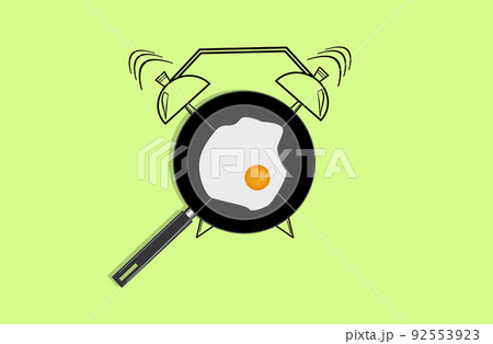 Realistic illustration of pan with fried egg and hand drawn alarm clock on light green background. Top view. Realistic illustration of pan with fried egg and hand drawn alarm clock on light green background. Top view. 92553923