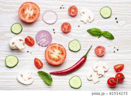 Food cooking background with vegetable ingredients copy space Food cooking background with vegetable ingredients copy space 92554275