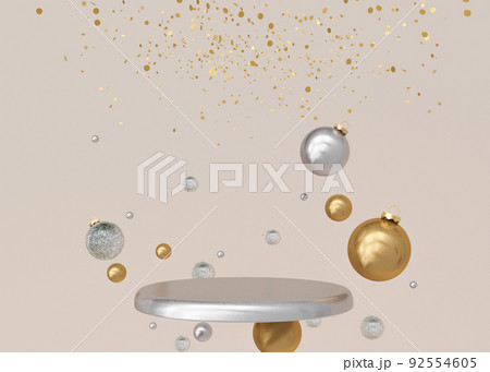Silver podium with Christmas decoration on beige background. Xmas composition. Elegant scene for product, cosmetic presentation. Luxury mock up. Pedestal, platform for beauty products. 3D rendering. 92554605