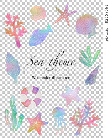Sea-themed watercolor illustrations of coral, starfish, seashells, etc. 92555061