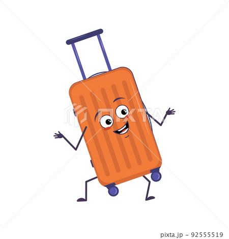 Cute character of vacation suitcase with emotions of joy, smiling face, happy eyes, hands and feet. A mischievous luggage with eyes. Vector flat illustration 92555519