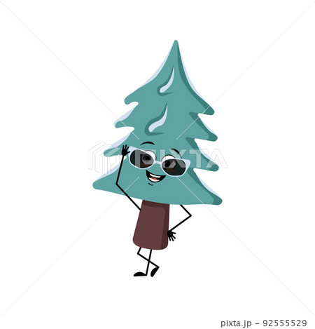 Cute Christmas tree with glasses and joyful emotions, happy smile, hands and legs. Pine with eyes. New year festive decoration, joyful fir Cute Christmas tree with glasses and joyful emotions, happy smile, hands and legs. Pine with eyes. New year festive decoration, joyful fir 92555529