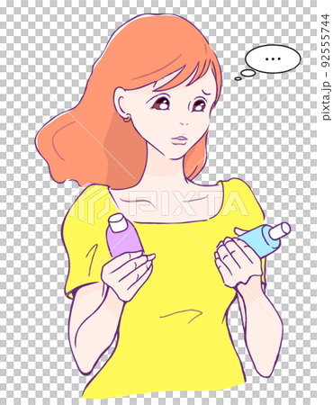 難以選擇化妝品的消費者女性的矢量圖解 92555744