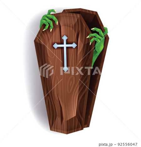 Halloween vector wooden coffin, zombie green hands, cartoon spooky funeral case illustration, cross 92556047