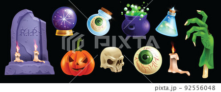 Halloween sticker set, vector game monster witch icon kit, stone grave, smiling pumpkin, zombie hand Halloween sticker set, vector game monster witch icon kit, stone grave, smiling pumpkin, zombie hand 92556048