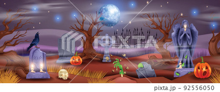 Halloween graveyard seamless background, vector spooky cartoon cemetery game illustration, moon. Halloween graveyard seamless background, vector spooky cartoon cemetery game illustration, moon. 92556050