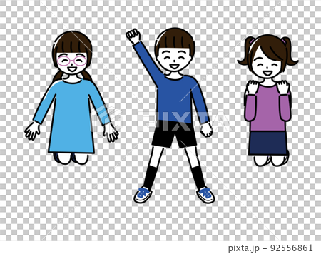 笑顔でジャンプしたりガッツポーズをしたりする小学生3人のセット 92556861
