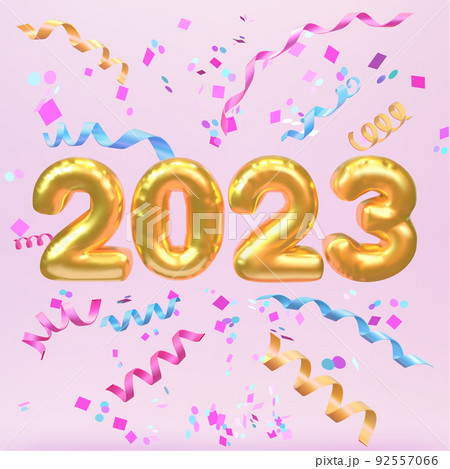 Happy new year 2023. Realistic golden foil balloons 3D. 92557066