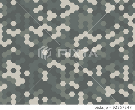 Seamless modern army camouflage hexagon gray pixel texture. Abstract vector futuristic camo hex background. Geometric tech pattern wrapping paper design illustration 92557247