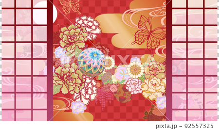 花鳥風月をイメージした障子と風景 92557325