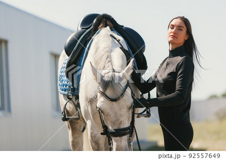 Live portrait of young beautiful woman with her horse in summer warm day, outdoors. Lifestyle mood. Concept of nature, animal, care, sport Live portrait of young beautiful woman with her horse in summer warm day, outdoors. Lifestyle mood. Concept of nature, animal, care, sport 92557649