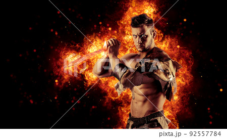 Knight with burning sword 92557784