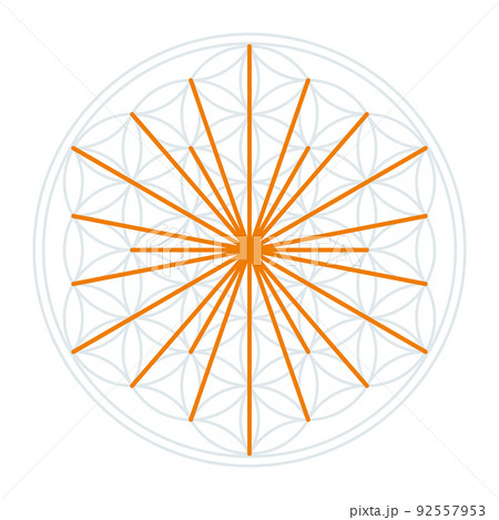 Sun symbol in the Flower of Life. Orange lines symbolizing the rays of sun, derived from the intersecting points of overlapping circles, that form a flower-like symmetrical pattern of Sacred geometry. Sun symbol in the Flower of Life. Orange lines symbolizing the rays of sun, derived from the intersecting points of overlapping circles, that form a flower-like symmetrical pattern of Sacred geometry. 92557953