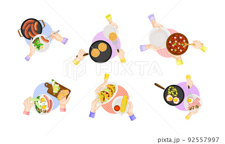 View from above of hands serving tasty dishes set cartoon vector illustration View from above of hands serving tasty dishes set cartoon vector illustration 92557997
