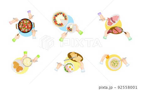 View from above of human hands and tasty breakfast dishes set cartoon vector illustration View from above of human hands and tasty breakfast dishes set cartoon vector illustration 92558001