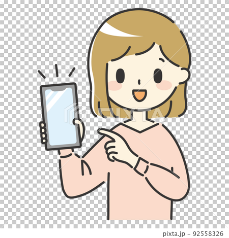 Woman pointing at smartphone 92558326