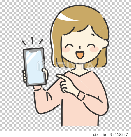 A smiling woman pointing at her smartphone 92558327