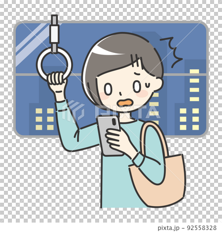 A woman who is surprised to see a smartphone on the train 92558328