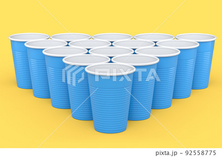 Set of pastic disposable party cup for juice, fresh, beer on yellow background. 92558775