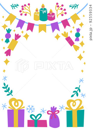 Winter holiday frame with space for text. Christmas, Hannukah, inclusive greeting card. Portrait-oriented with white background. Winter holiday frame with space for text. Christmas, Hannukah, inclusive greeting card. Portrait-oriented with white background. 92559334