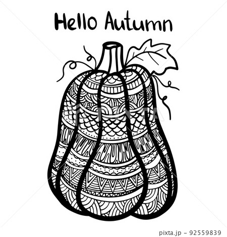 Vector hand drawn illustration of a pumpkin. Zen doodle and zen tangle autumn drawing with a pattern, anti-stress coloring, mosaic. Adult cololring page 92559839