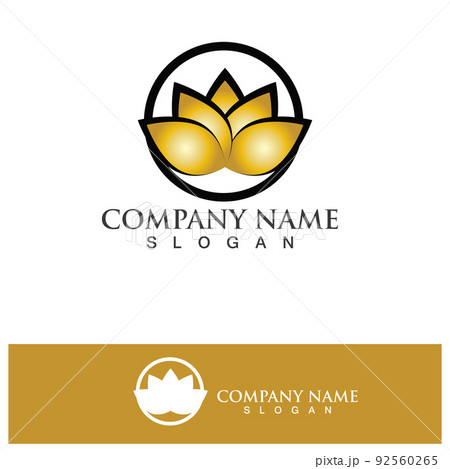 Golden lotus flower logo. Vector design template of lotus icon on dark background with golden effect for eco, beauty, spa, yoga, medical companies. Golden lotus flower logo. Vector design template of lotus icon on dark background with golden effect for eco, beauty, spa, yoga, medical companies. 92560265