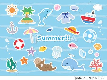 海のイラスト素材セット 夏 かわいい シール風のイラスト素材 海のイラスト素材セット 夏 かわいい シール風のイラスト素材