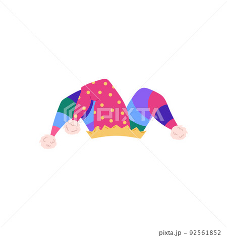 Colorful jester or joker hat with pom poms, cartoon flat vector illustration isolated on white background. 92561852