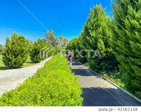 fresh plants. bush with green, small leaves. exotic plants in a hot, tropical country. a girl with long, dark hair walks in the park 92562138