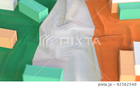 National flag of Ireland and cargo containers. Import or export related 3D rendering National flag of Ireland and cargo containers. Import or export related 3D rendering 92562540